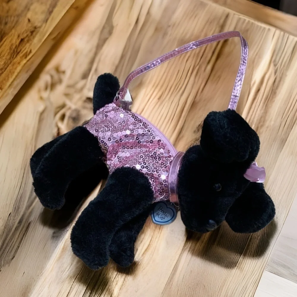 Black Dog Purse Pink Sequin Kids Toy Plush Stuffed Animal